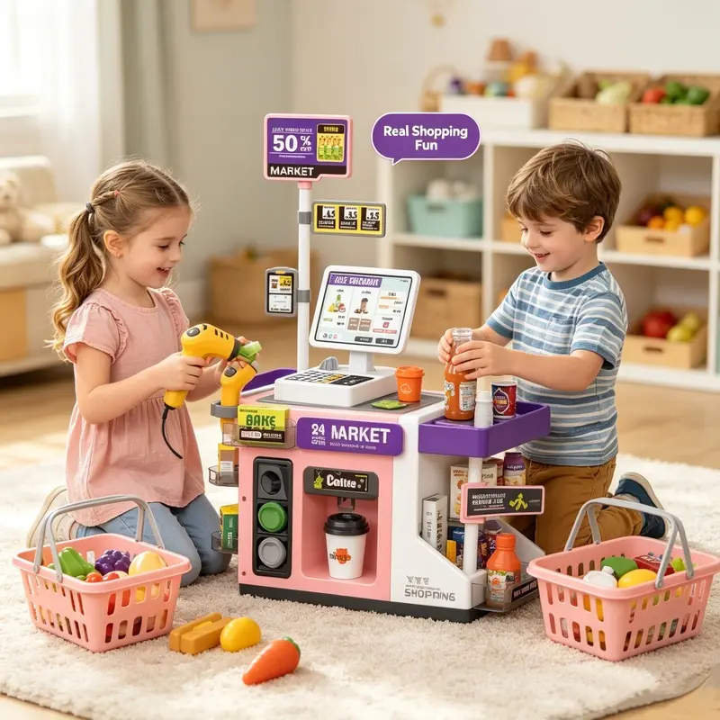 Kids Pretend Supermarket Play Set, Simulation Cash Register with Scanner & Card Reader, Water Dispensing Coffee Machine, Play Food Accessories, Light Up Role Play Shopping Toy Gift for Boys Girls Ages 3+