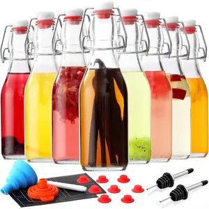 8-Pack 8.5oz Flip Top, Swing Top Beer Brewing Bottle for Fermentation, Kombucha, Kefir, Vanilla Extract, Coquito, Juice, Soda, Tea - Airtight Stopper Cap Lid, Bonus 2 Bottle Pourers