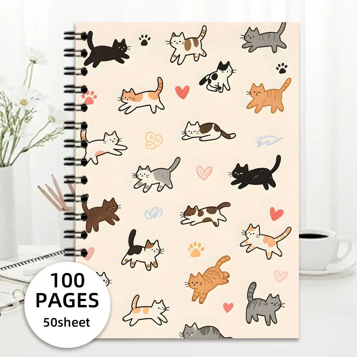 Cute Cartoon Cat Coil Notebook, 100 Pages High Aesthetic Journal, Adorable Cat Pattern Memo Book, Ideal for Students, Campus, Office Use