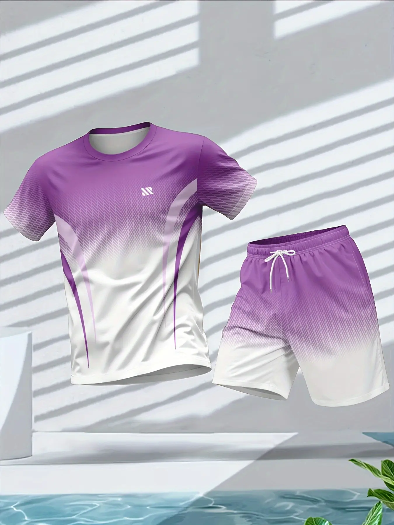 Summer Men's Ombre Gradient Line Print 2 Piece Outfits, Short Sleeve Top and Quick Dry Shorts Casual Sportswear Set