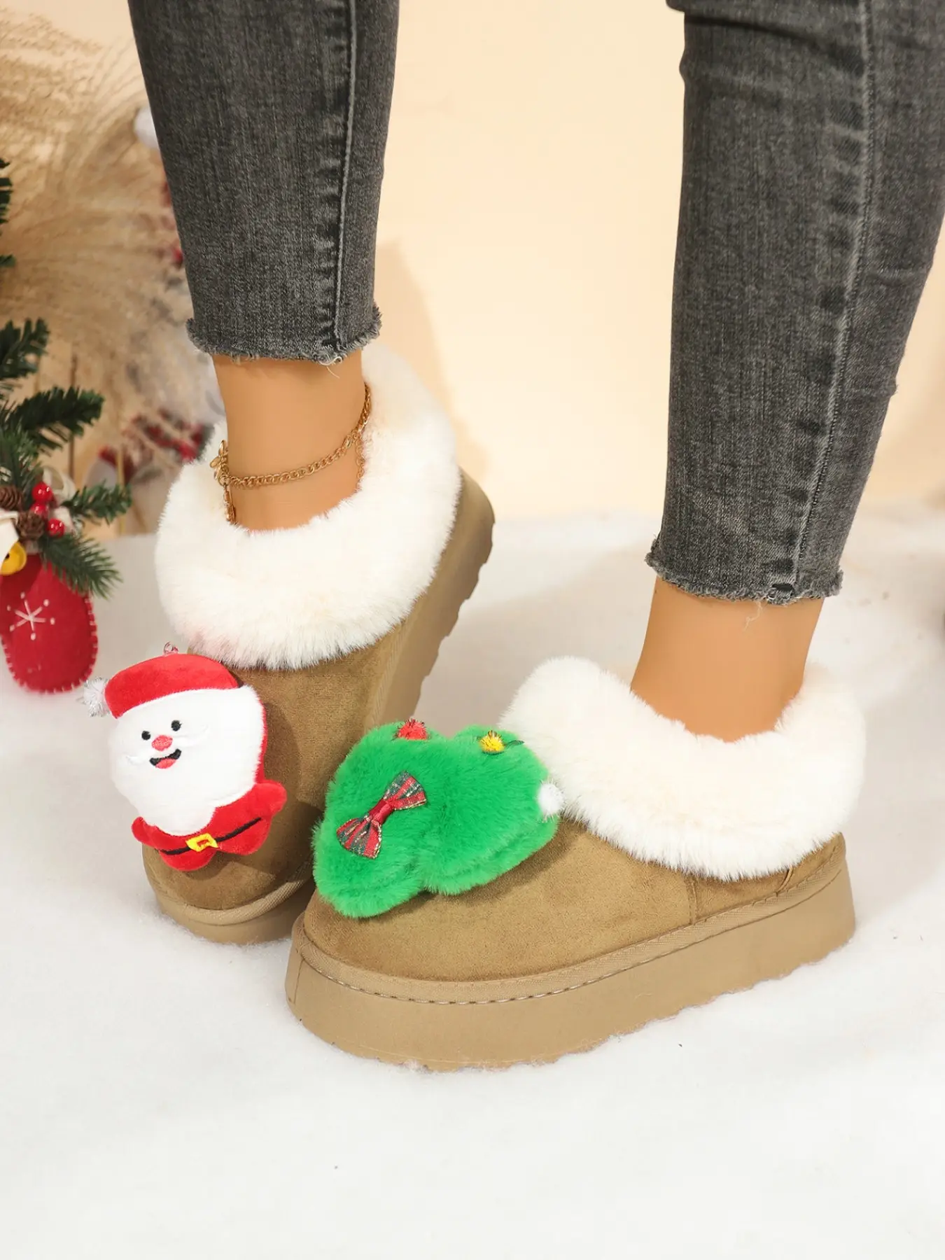 Winter Women's Thick Sole Snow Boots, Cute Christmas Cartoon Decorated Cotton Boots, Faux Fur Lined Ankle Booties, Festive Warm Female Shoes, Boots with Fur
