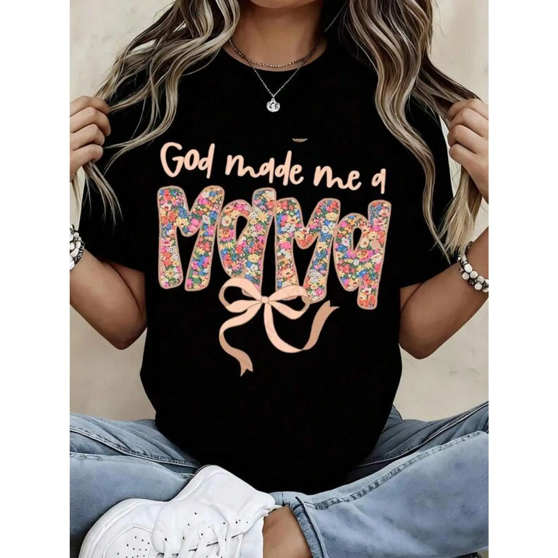 God Made Me A Mama Floral Print Bow T Shirt Women Casual Short Sleeve Top Motherhood Gift For Mom Maternity Wear