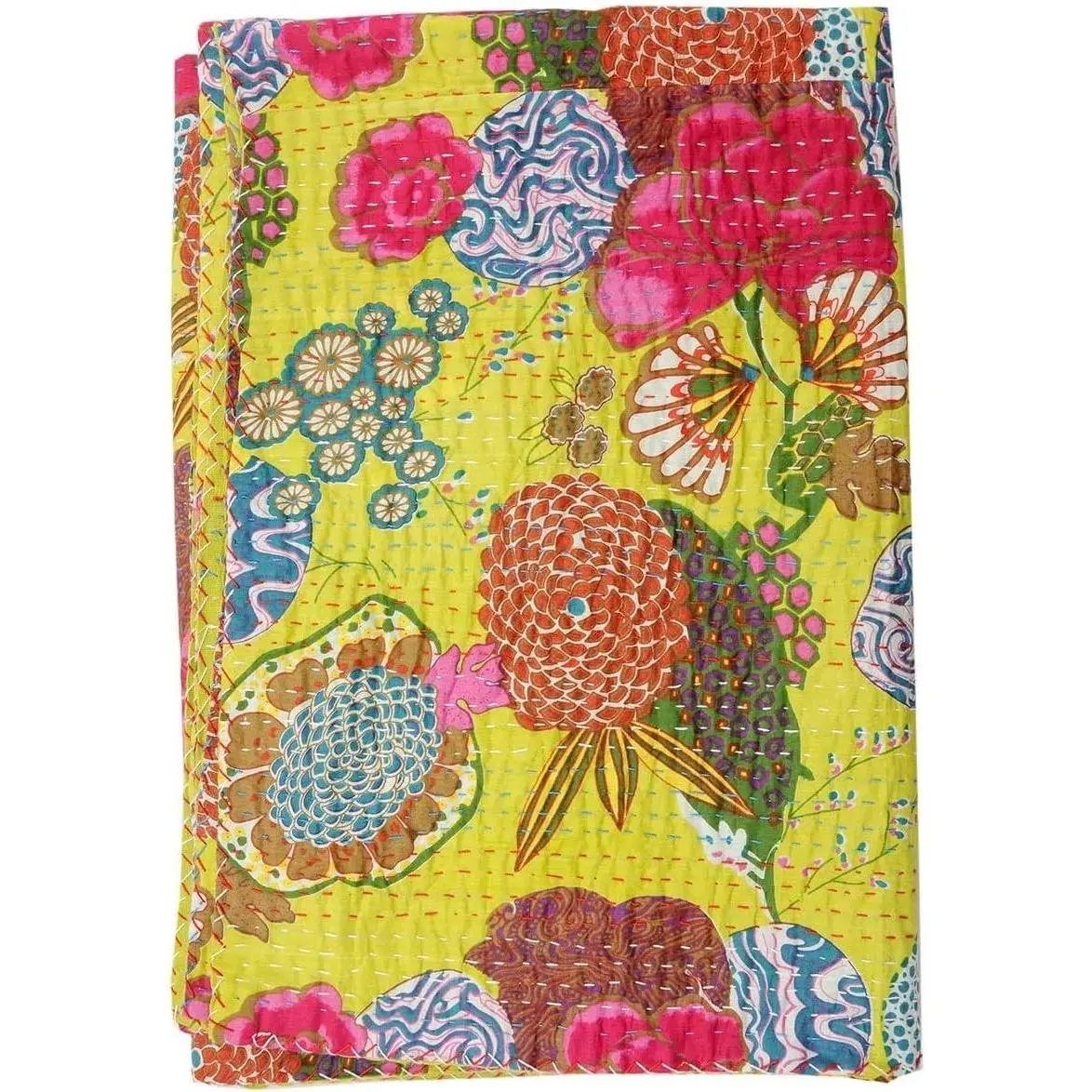 Indian Handmade Cotton Kantha Quilt Queen Size Reversible Bedspread with Yellow Fruit Print, Tribal Floral Pattern, Picnic Throw Blanket, 108x90 Inches
