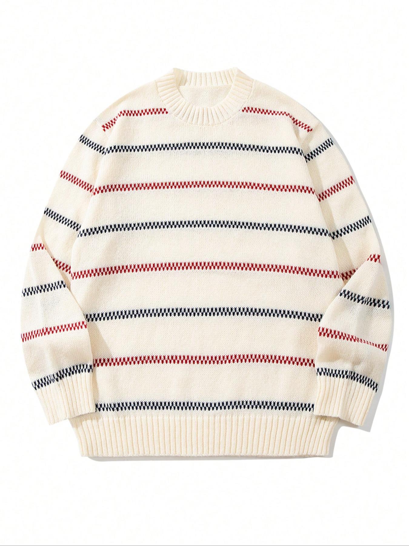 Men's Korean Style Striped Knit Sweater, Casual Round Neck Long Sleeve Pullover, Fall & Winter Fashion, New Arrival, Knitwear