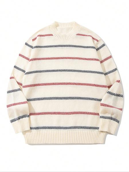 Men's Korean Style Striped Knit Sweater, Casual Round Neck Long Sleeve Pullover, Fall & Winter Fashion, New Arrival