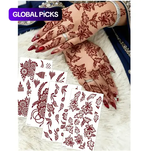 4 pcs Burgundy Sexy Floral Tribal Toe & Hand Temporary Tattoo Stickers, Temporary Fake Tattoos, Waterproof Flower Tattoos for Women, Temporary Tattoo Kit for Weddings and Parties #GLOBAL PICKS