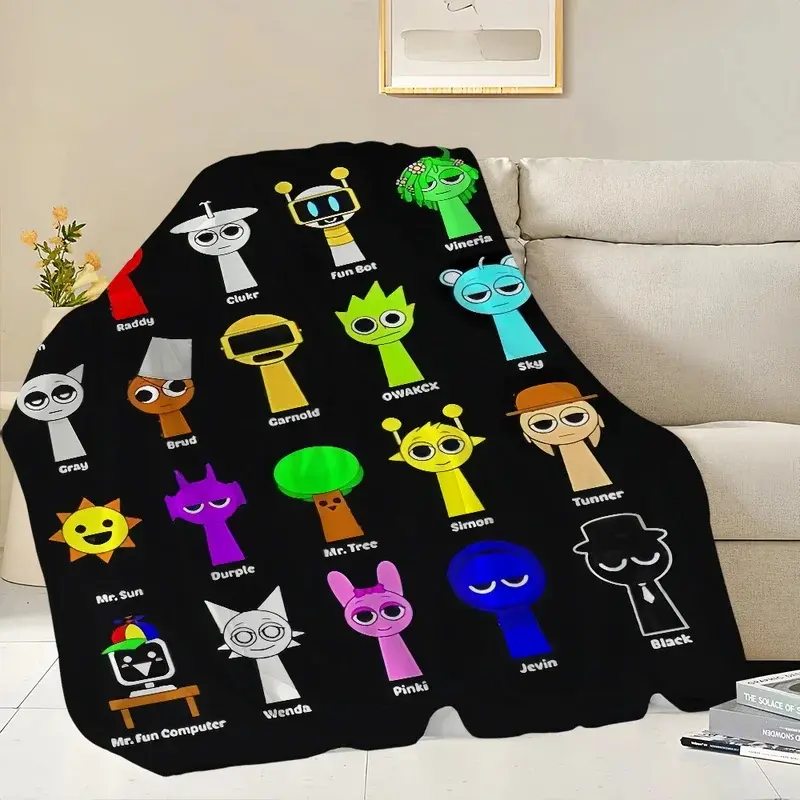 Sprunki All Characters Grid Collage Flannel Throw Blanket Black Background Colorful Cartoon Sprunki Print Soft Cozy Fleece Blanket All Season Sofa Bed Nap Blanket Gift for Game Fans Teens