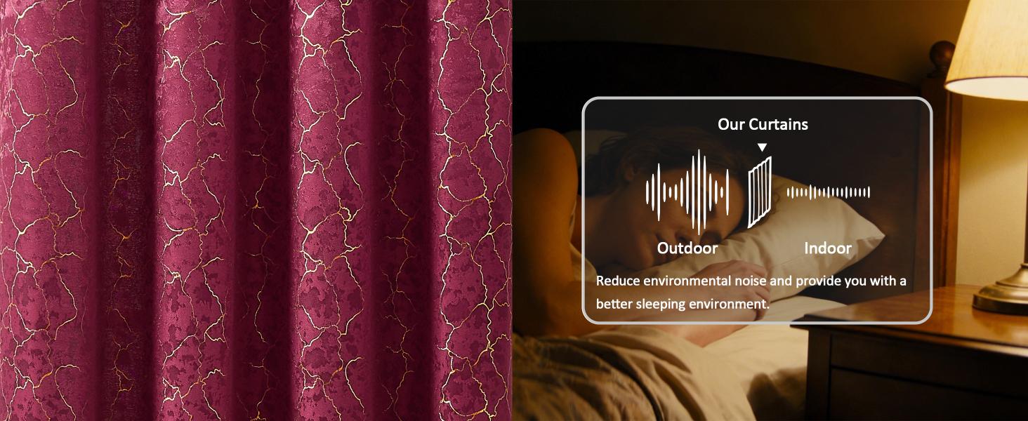 Burgundy Curtains 84 Inches Long 2 Panels Maroon Curtains Room Darkening Drapes Gold Grommet Victorian Marble Textured Window Treatment for Living Room Bedroom, 52x84