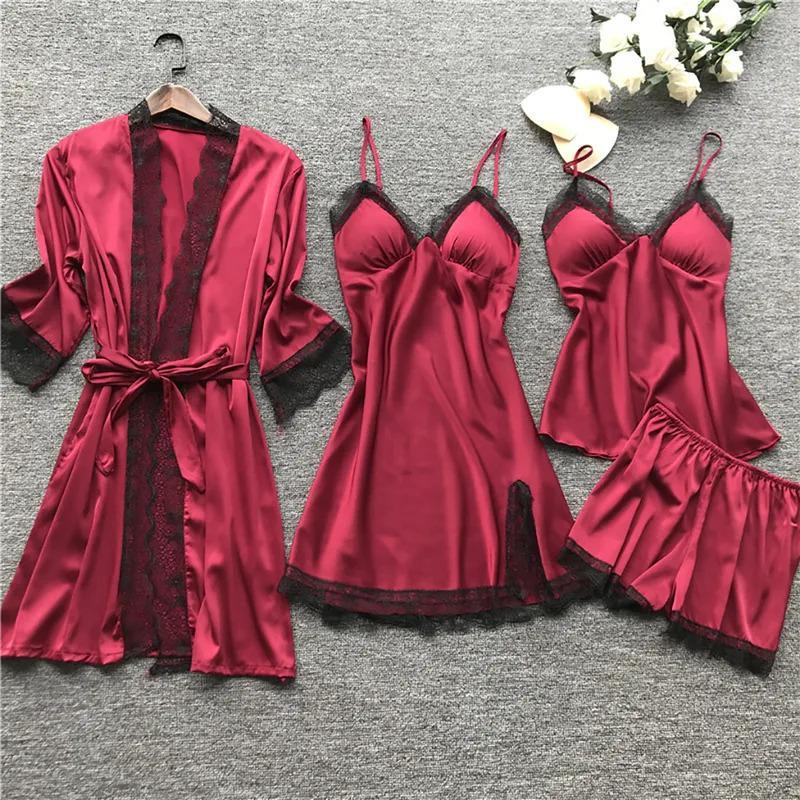 Lace Silk Pajamas Set Nightdress Sexy Lingerie Robe Women Sleepwear 4 Pieces Suits Sleeping Top And Shorts Femme Pijama Mujer Pj Loungewear Womenswear Homewear Solid233