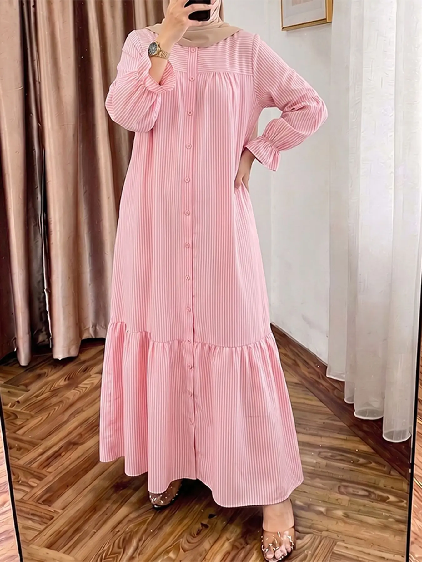 Women's Round Neck Loose Striped Long Sleeve Dress, Casual Modest Muslim Clothing Dresses with Lantern Sleeves, Spring & Fall Fashion