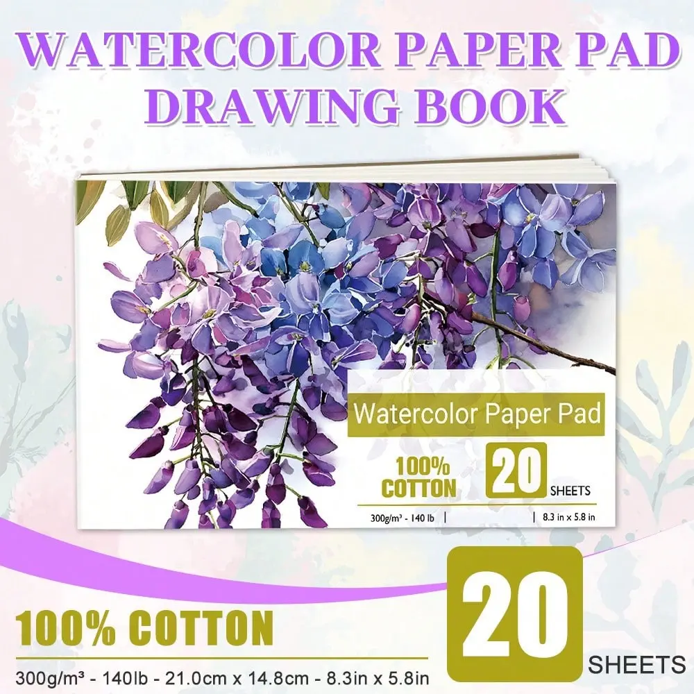 Watercolor Paper Pad, Thick Blank Drawing Book, 20 Sheets 8.3x5.8in, Easy Tear Off, Non-Bleed, Water Absorbent, for Artists & Beginners