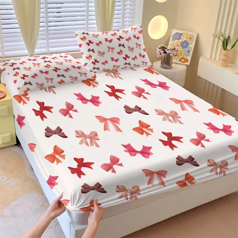 3Pcs Cute Pink Bowknot Fitted Sheet Set, Aesthetic Coquette Bedding Set for Girls Bedroom, Soft Microfiber Bed Sheets Set with Elastic Deep Pocket, Dorm Room Essentials No Fillers