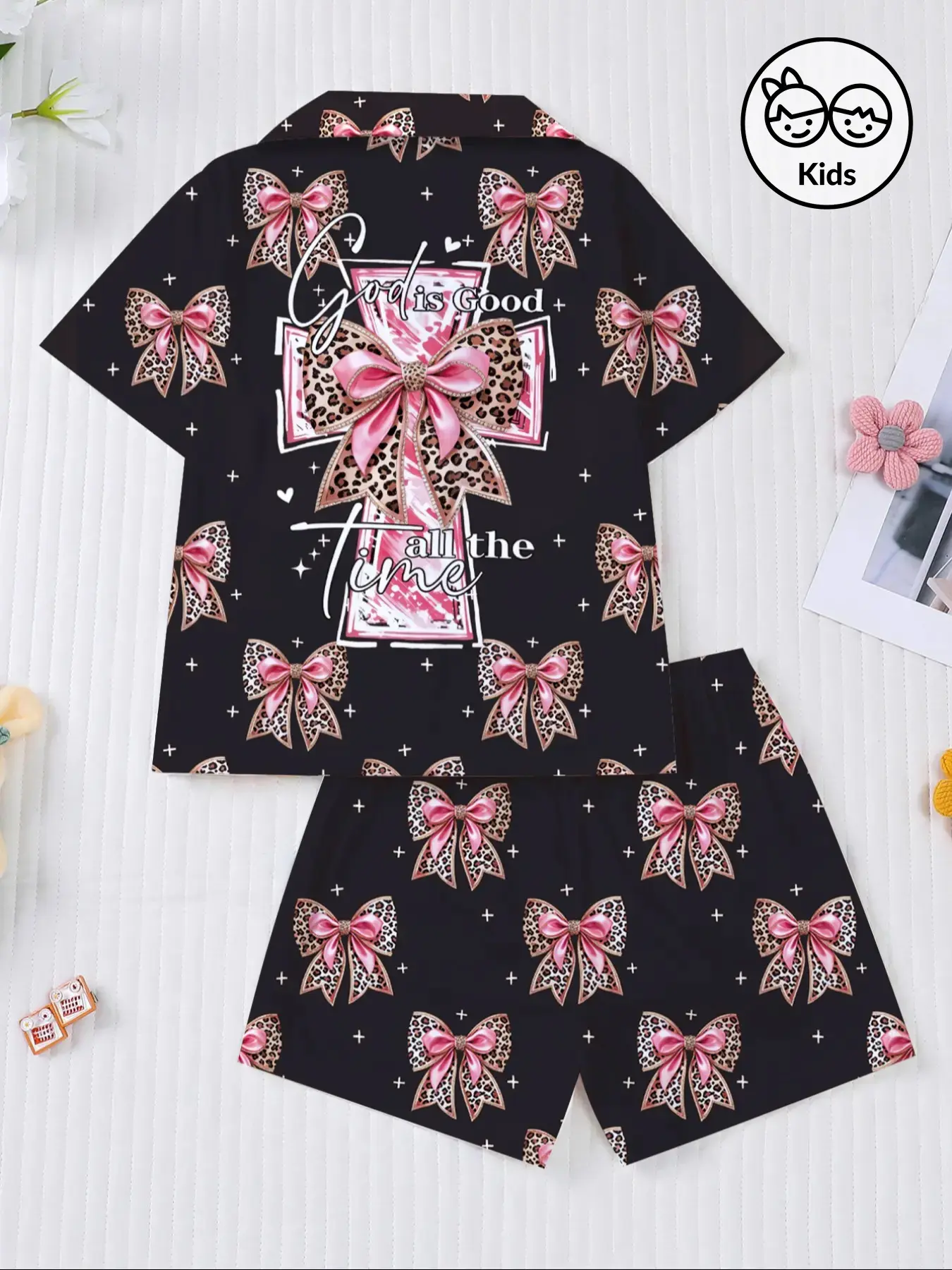 Leopard Print Bowknot Kids Pajama Set, Cute Style Sleepwear for Boys & Girls, Short Sleeve Button Front Top & Elastic Shorts, Summer Pjs