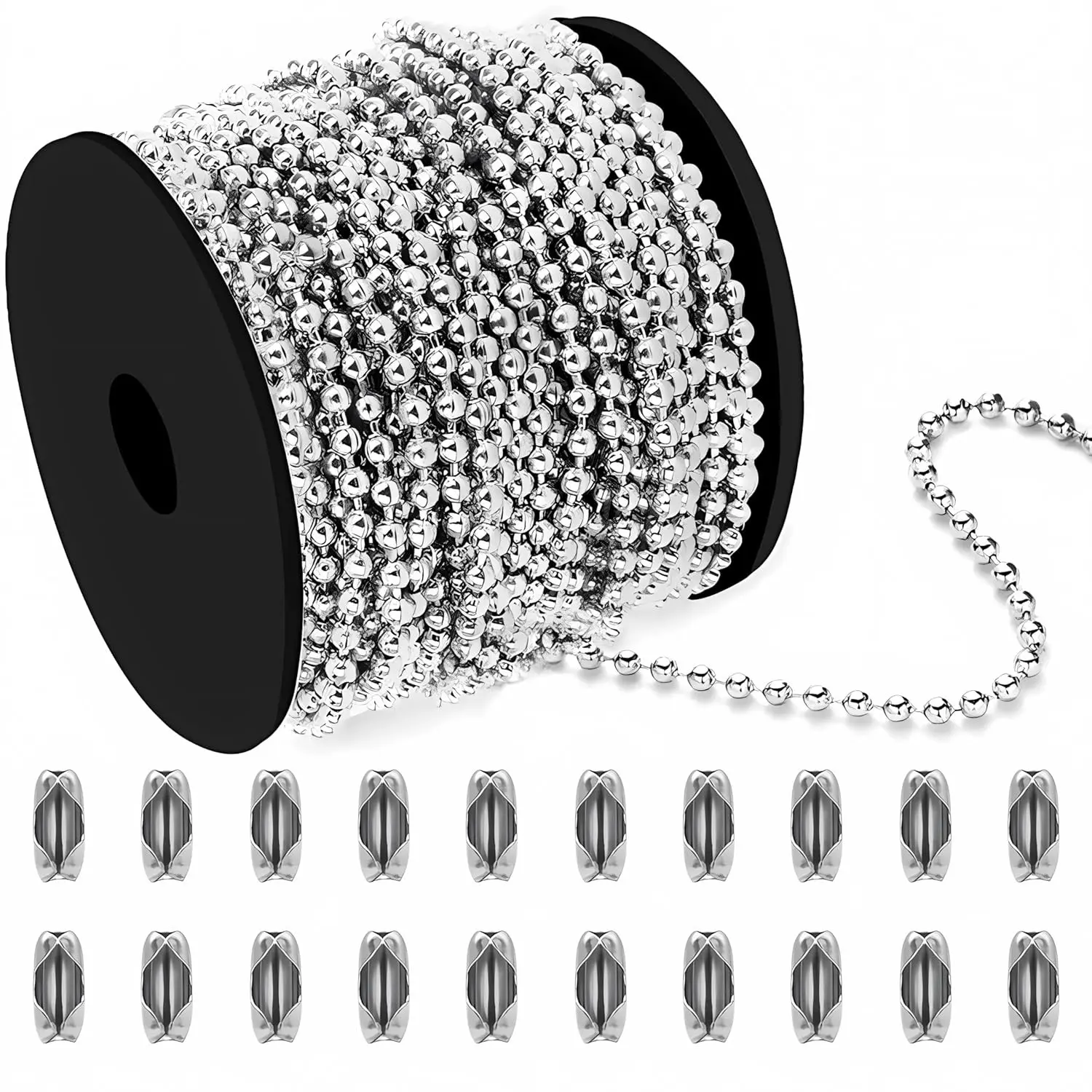 100ft Ball Bead Chain, 304 Stainless Steel, #10 Bead Chain for Roller Shades, Window Blinds, Dog Tags, Jewelry & DIY Crafts (4.5mm with Spool and Ball Chain Connectors)