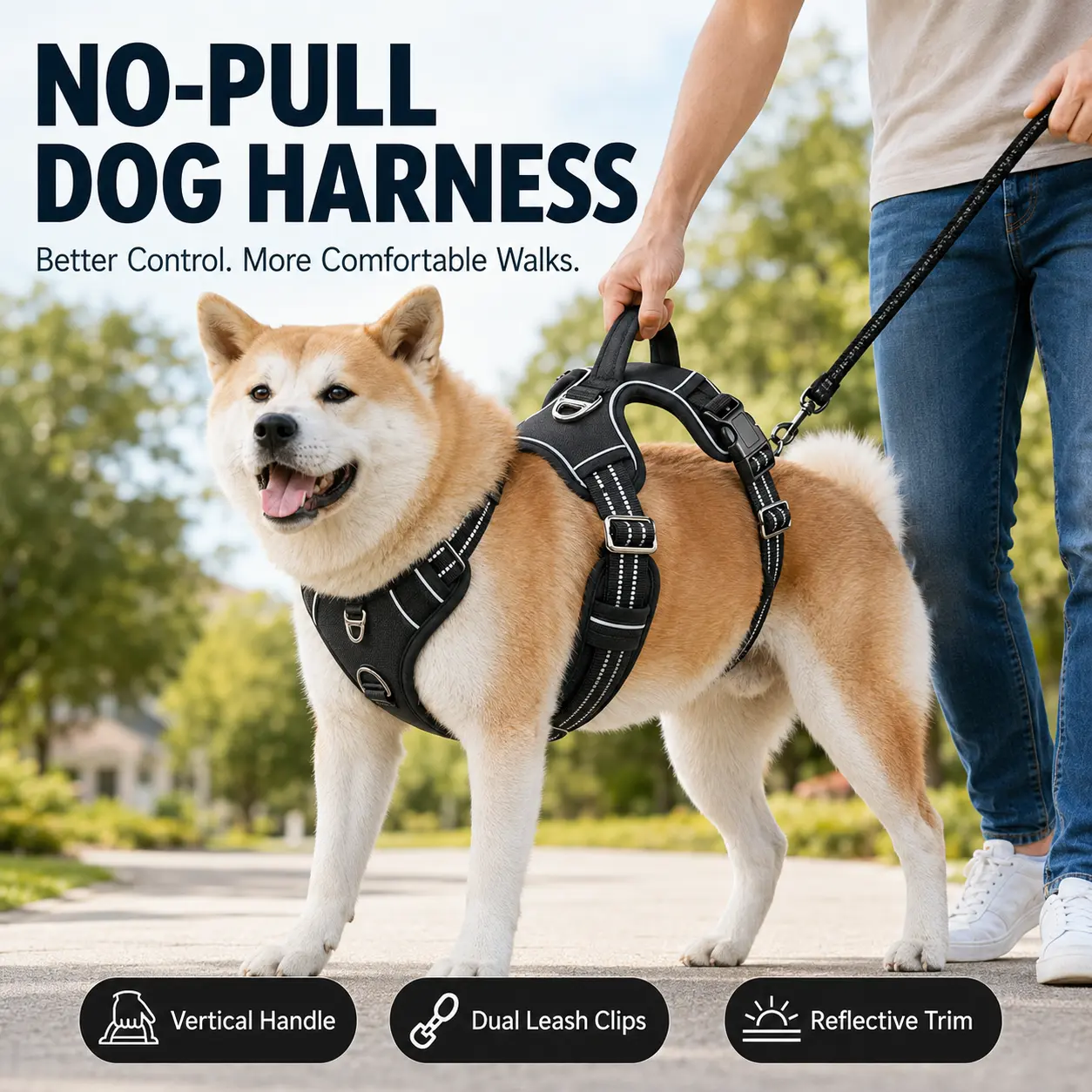 No Pull Dog Harness with Handle, Adjustable Reflective Pet Vest with Front and Back Leash Clips, Padded Heavy Duty Harness for Medium and Large Dogs