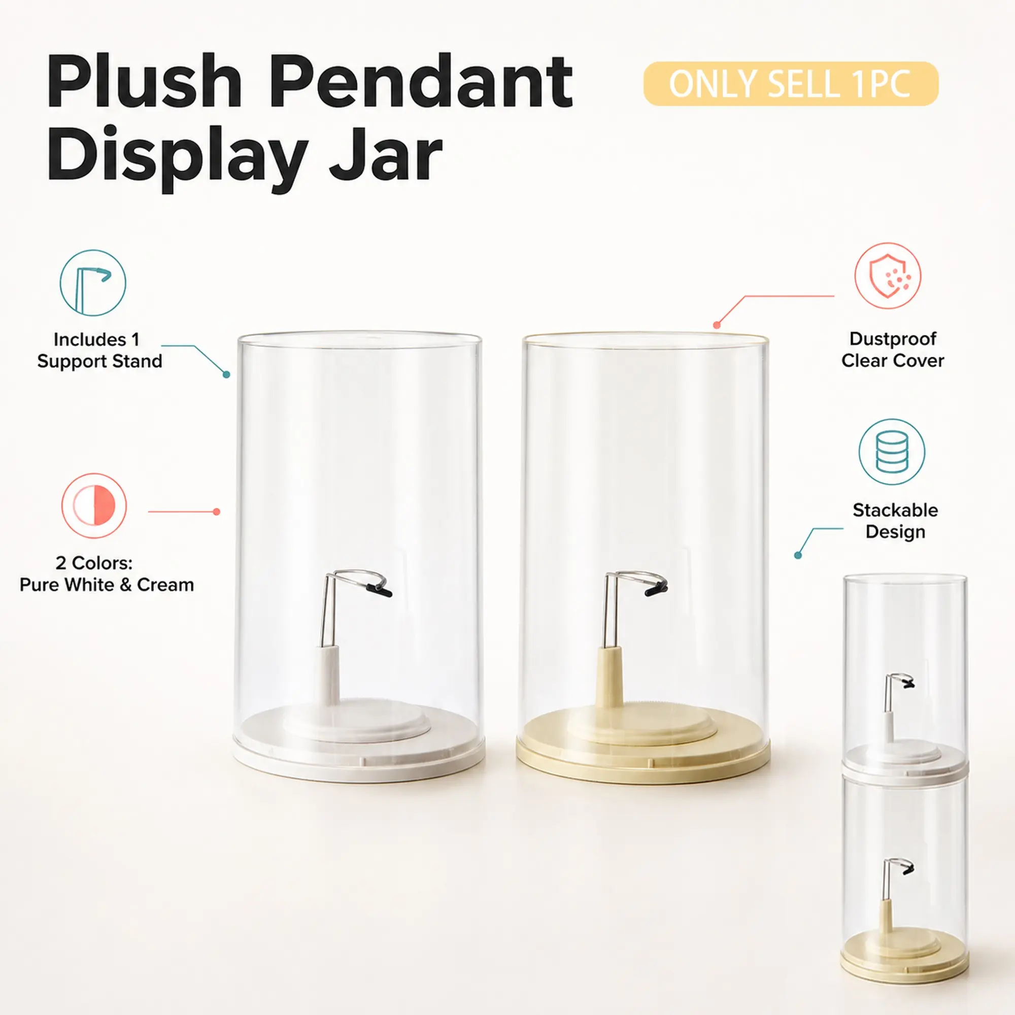 Clear Acrylic Display Jar for Plush Keychain & Figures - Stackable Showcase Container with Detachable Doll Support Stand - Dustproof Collectibles Storage Box