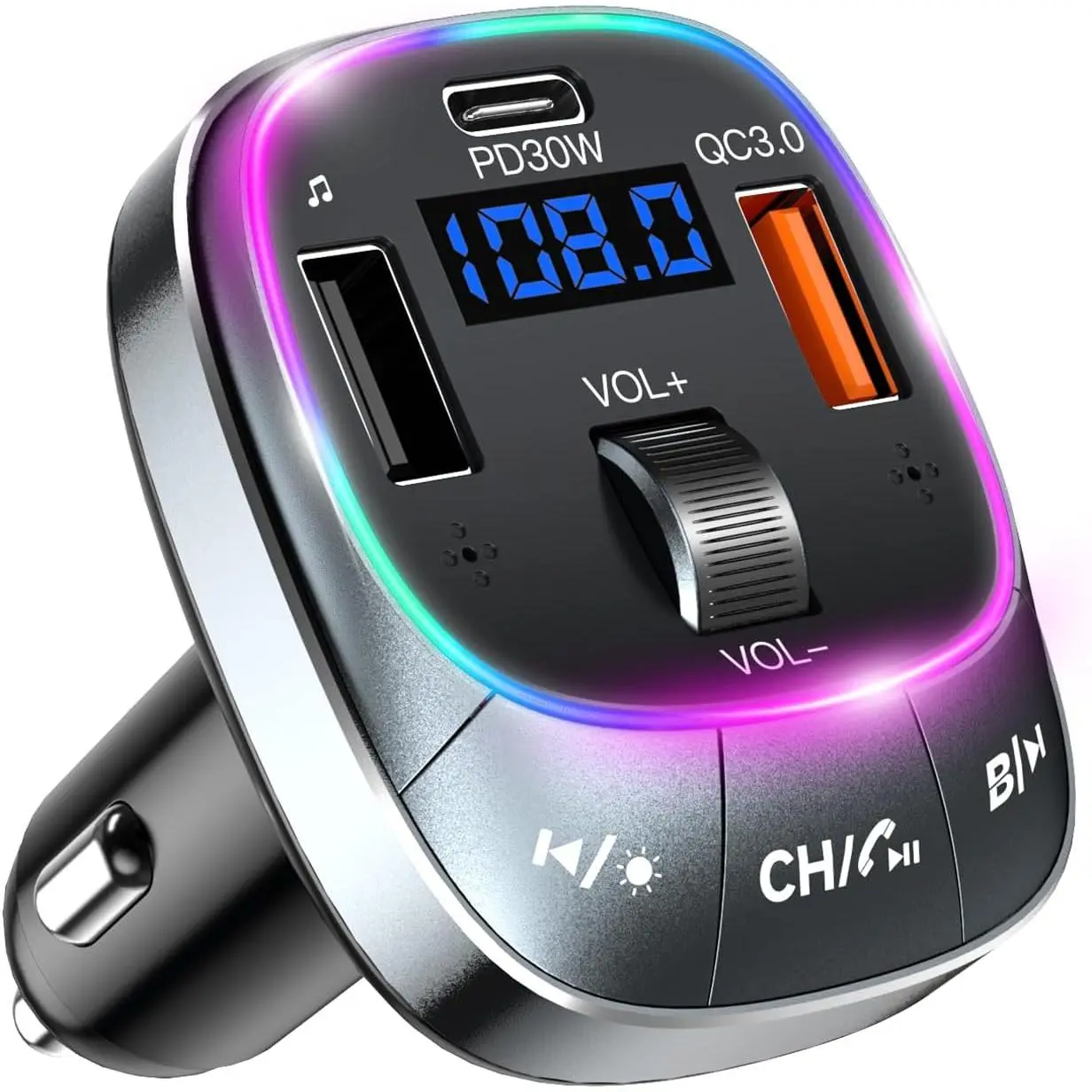 USB C Bluetooth 5.4 Car Adapter for Hands-Free Calling & 48W Fast Charging, Wireless FM Transmitter Audio Receiver with USB Playback and 7-Color LED Backlit, Type-C PD Charger for All Cars