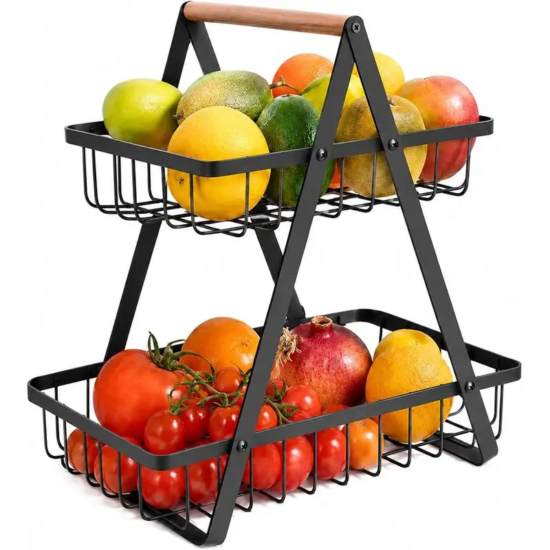 2-Tier Metal Fruit Basket for Camping Picnic, 11.6x7.28" Detachable Rectangular Ventilated Wire Open Grid Storage Baskets with Wooden Handle for Kitchen Counter