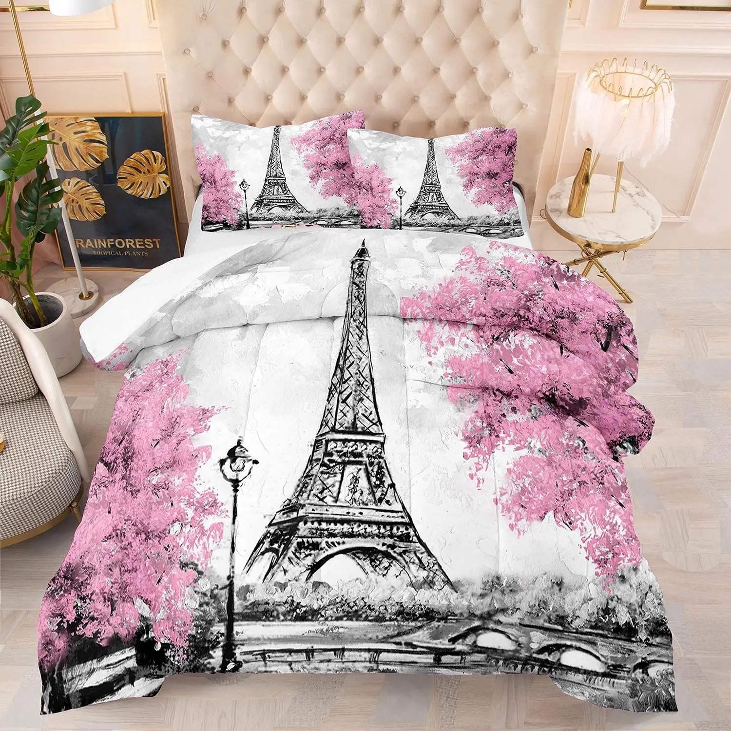 Pink Paris Comforter Set Queen Size Eiffel Tower Flower French Style Bedding Sets for Girls Women Kids Quilted Duvet 1 Comforter + 2 Pillow Cases