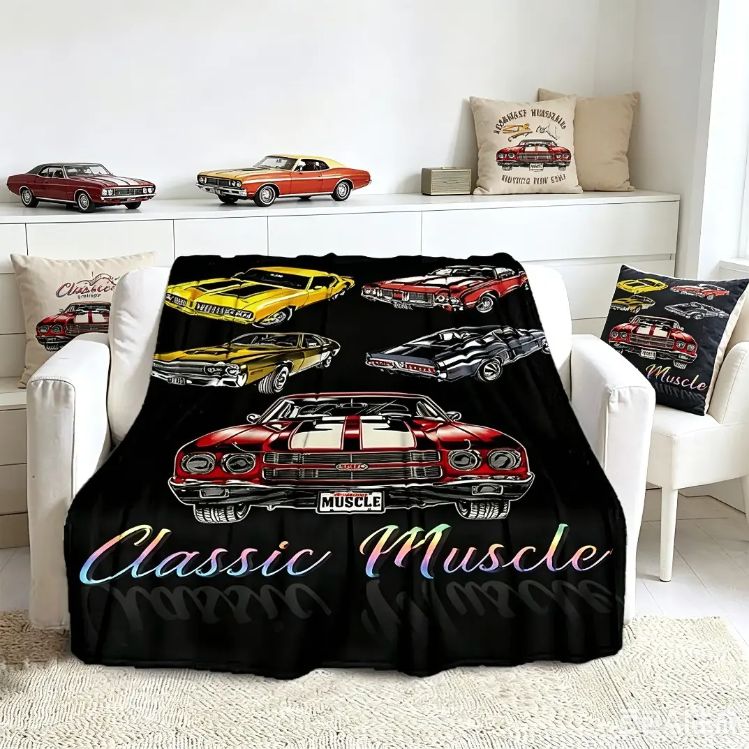 Classic Muscle Car Flannel Blanket, 100% Polyester Digital Print Fleece Throw Blanket for Adults & Kids, Ultra Soft Warm Cozy All-Season Blanket for Sofa Bed Office Bedroom Travel Home Decor Car Lover Gift