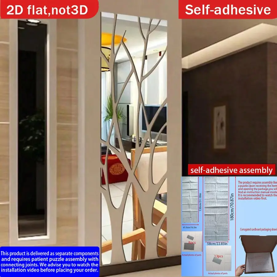 Acrylic Branch Wall Sticker Mirror Decoration, Manual Puzzle-Style Installation, Watch Installation Video First, Home Decor Accessory