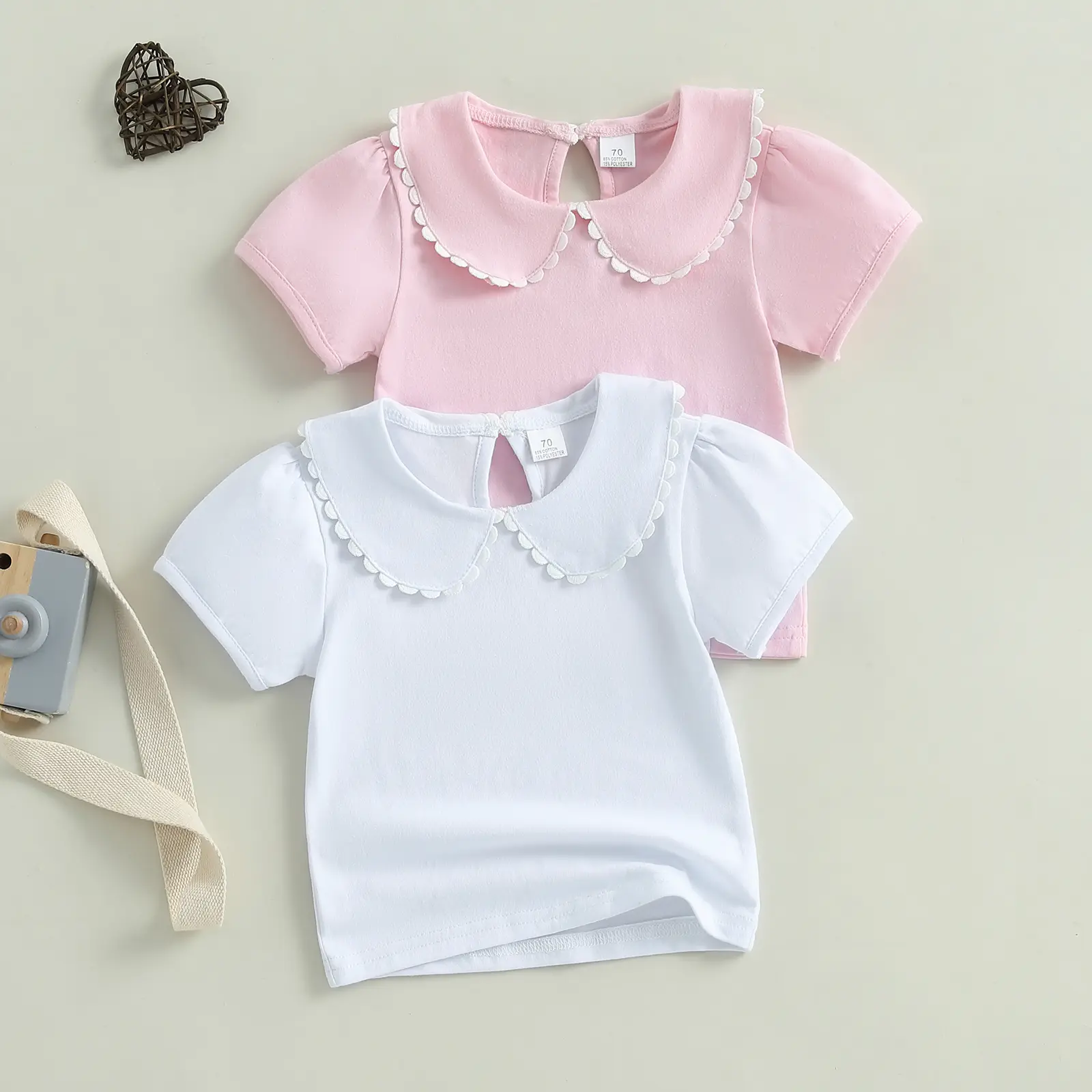 Canrulo Toddler Baby Girls Ruffle Doll Collar Shirt Puff Short Sleeve Basic Solid Color Top Blouse Tee 6 Months to 6 Years