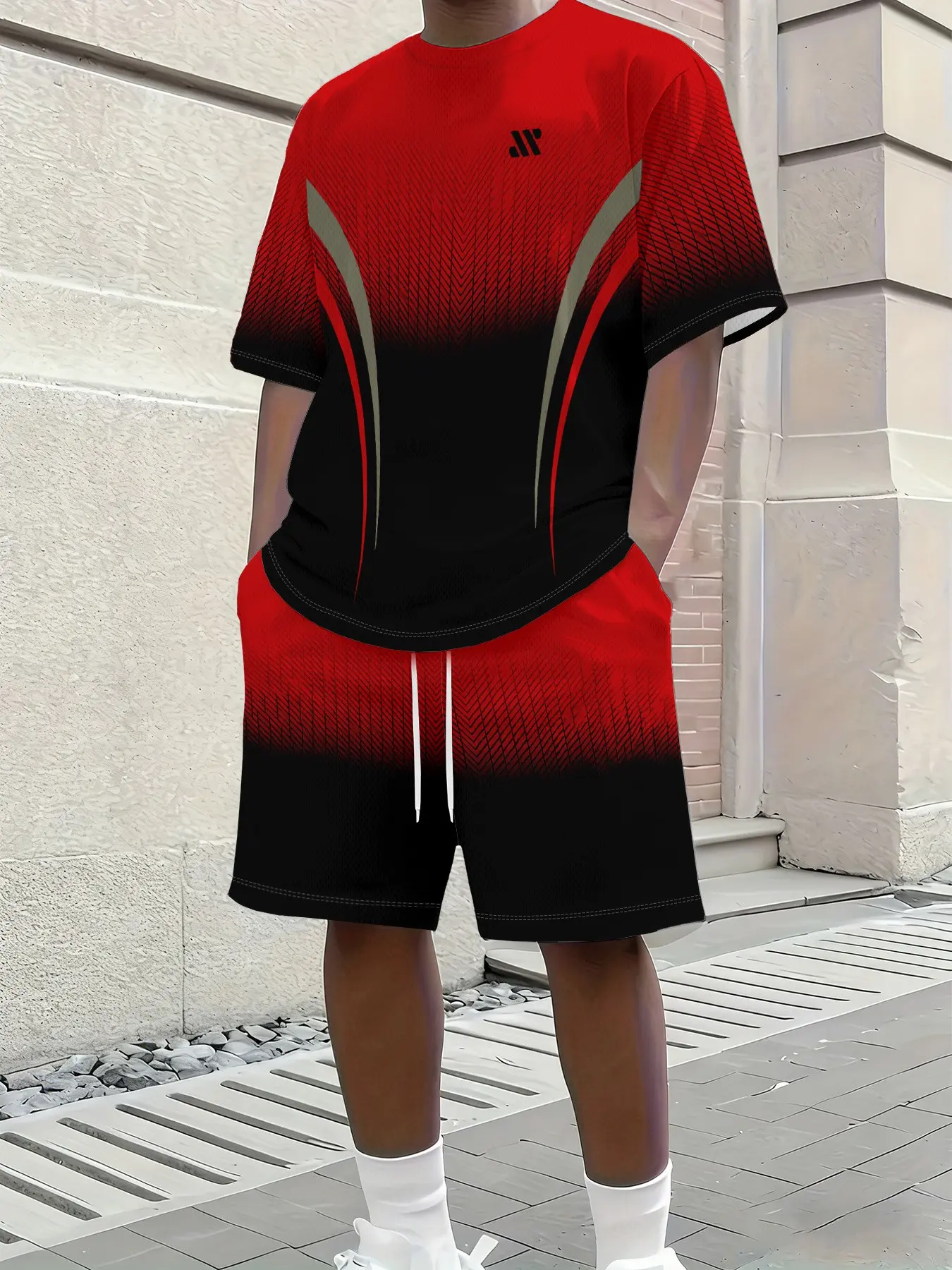 Men's Summer Gradient Geometric Print Short-Sleeve and Shorts Set: Perfect for running, fitness, and everyday wear; comfortable and breathable Sportswear Set