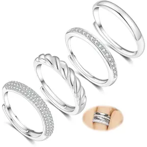 4Pcs Silver Stackable Rings for Women Adjustable Chunky Silver Thumb Rings Set Waterproof Cubic Zirconia Ring for Women Non Tarnish