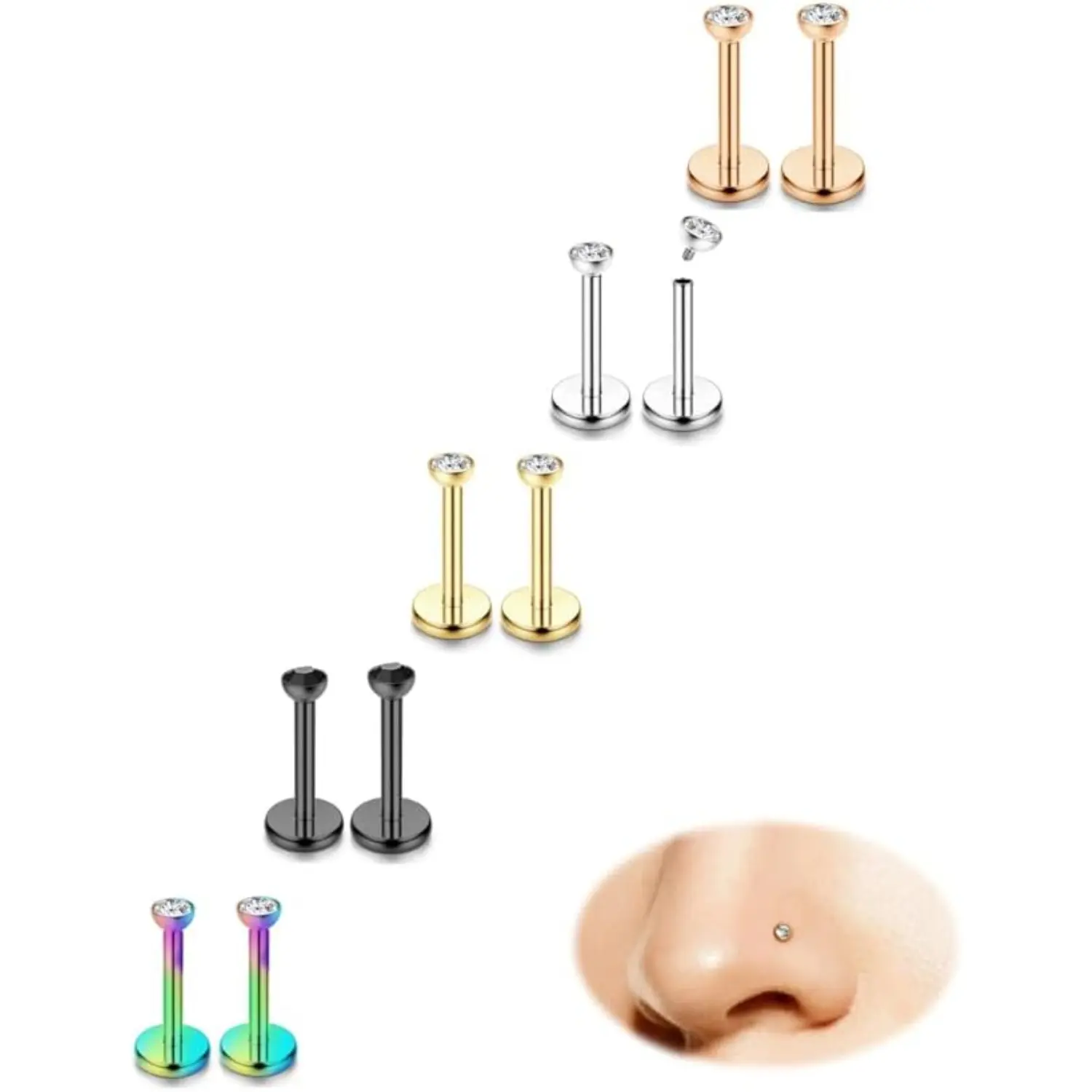 5 Pairs 18G Surgical Steel Nose Rings, Hypoallergenic Tiny Cubic Zirconia Piercing Jewelry, Flat Back Internally Threaded Nose Studs, Cartilage Tragus Lip Earring for Women