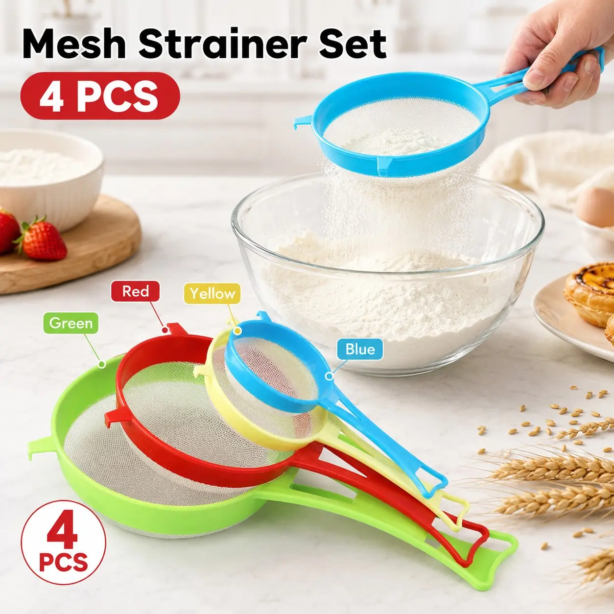 4 Piece Plastic Flour Sifter Set, Multi-Specification Fine Mesh Filter, Baking Sugar Sieve, Juice Strainer, Kitchen Essentials