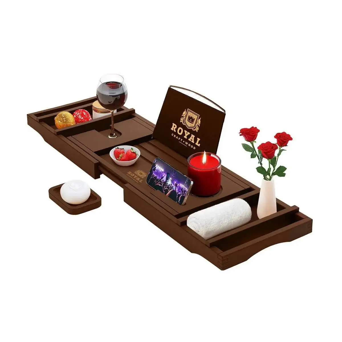 Royal Craft Wood Bathtub Caddy Tray with Free Soap Dish, Luxury Wooden Bamboo Bath Tray with Extending Sides, Silicone Grips, Bathroom Accessories