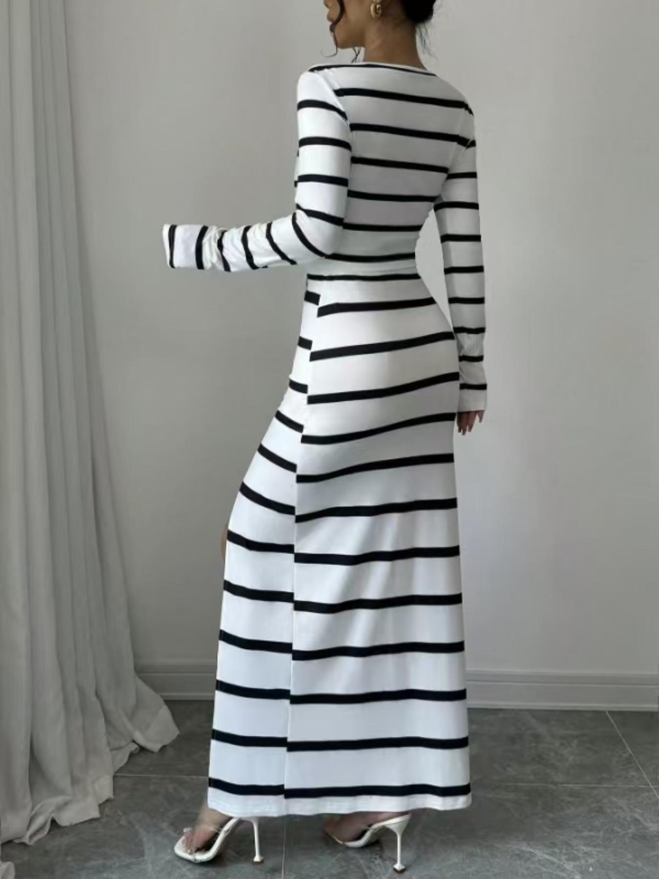 Women's Striped Print Crop Top & Split Thigh Button Skirt Two-piece Set, Striped Sets, Casual Long Sleeve Round Neck Top & High Waist Skirt for Daily Wear, Ladies Clothes for All Seasons, Fall outfit