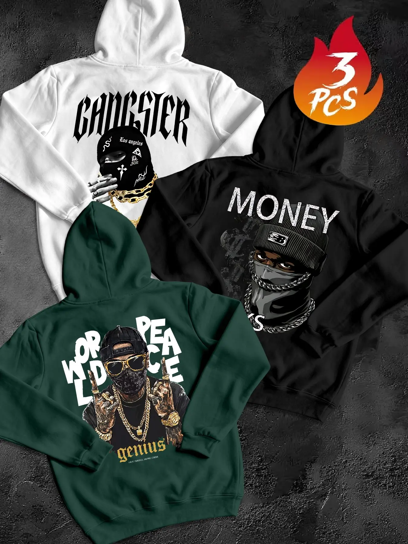 Three-Piece American Hip-Hop Hoodie Set, Men's West Coast Rap Couples Sweatshirts, Adjustable Drawstring, Multiple Colors Available