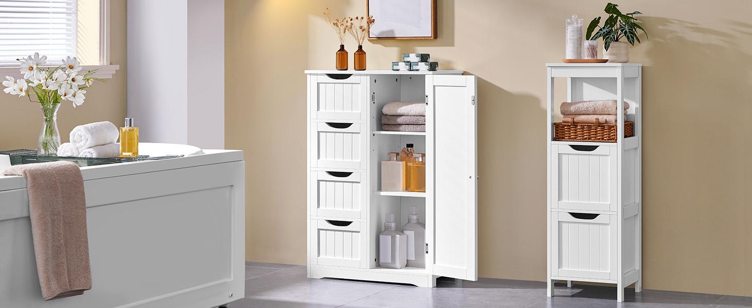 Wooden Floor Cabinet, Side Storage Organizer with 4 Drawers and 1 Cupboard, Freestanding Entryway Storage Unit Console Table, Bathroom Furniture Home Decor, White