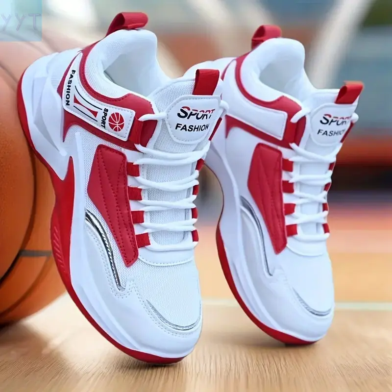YYT1 Men's High-Top Basketball Shoes - White & Red Breathable Mesh Sneakers with "SPORT FASHION" Branding, Lace-Up Fit, Fabric Upper, EVA Cushioned Insole, Durable Rubber Sole for Gym, Running, Basketball,shoes for back to school,back to school shoes