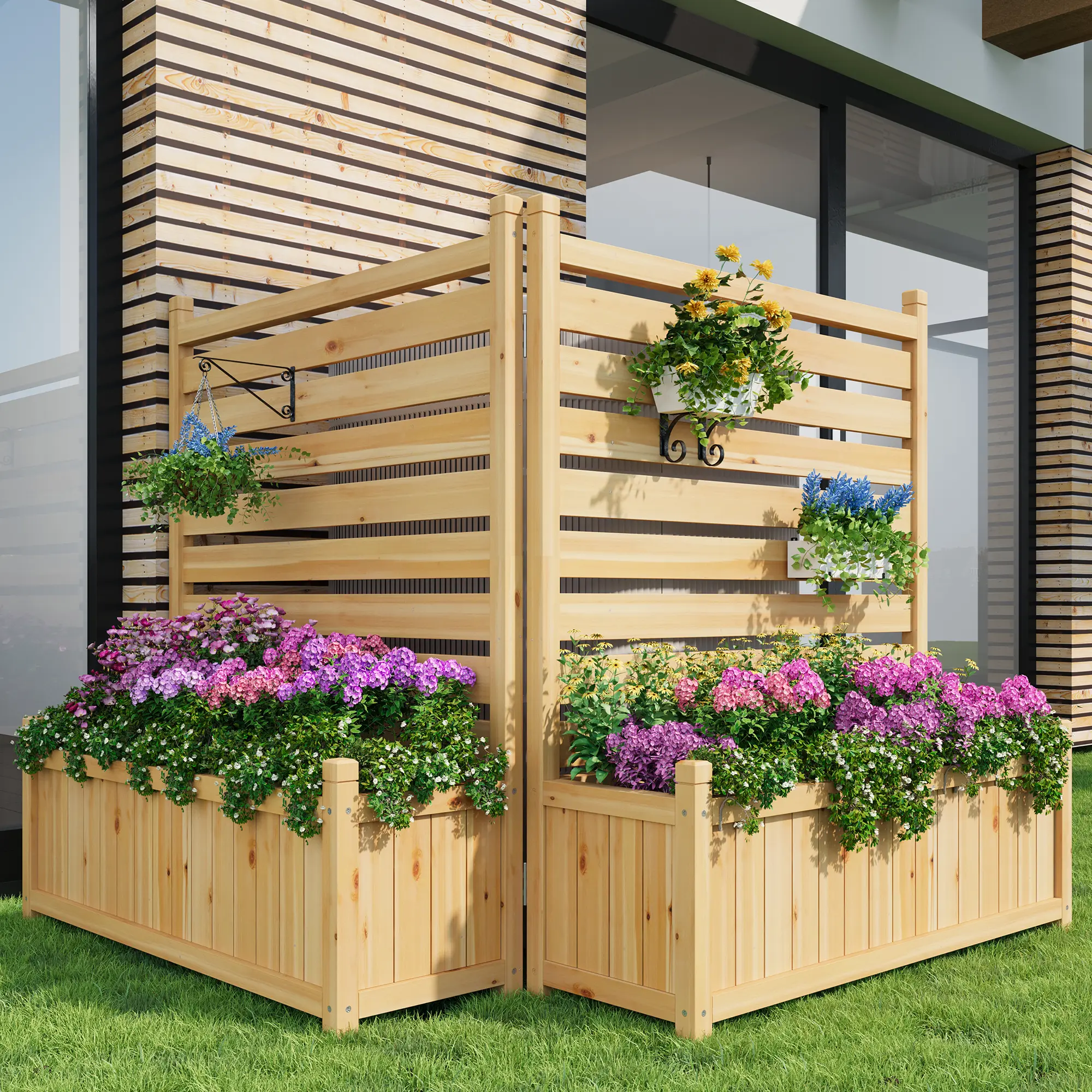 Outdoor Privacy Fence Screen with Planter Box, 2 Panel Wood Trash Can Enclosure for AC Unit Pool Equipment, Freestanding Decorative Garden Divider for Patio Backyard