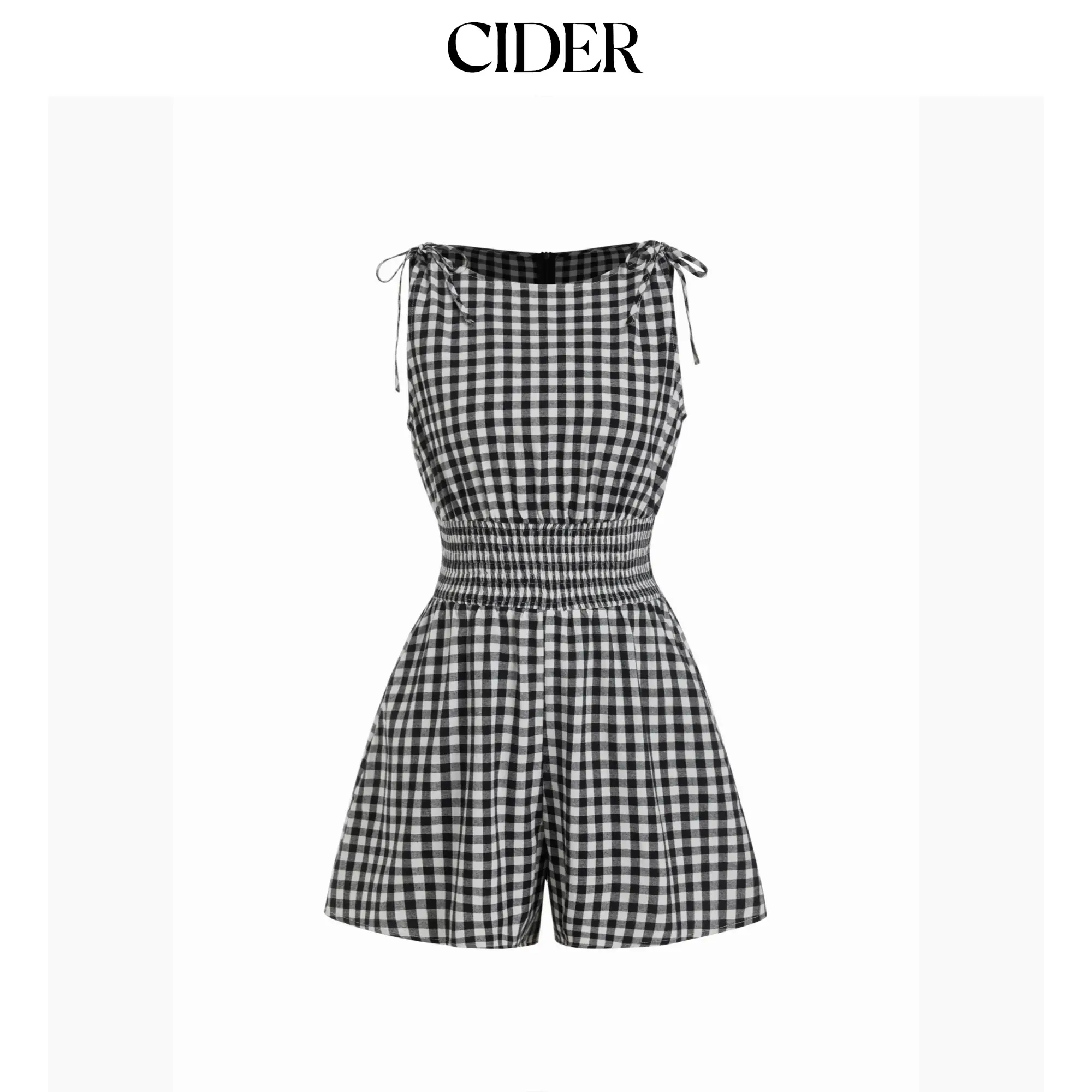 Cider Cotton-blend Gingham Boat Neck Tie Shoulder Shirred Mid Rise Romper