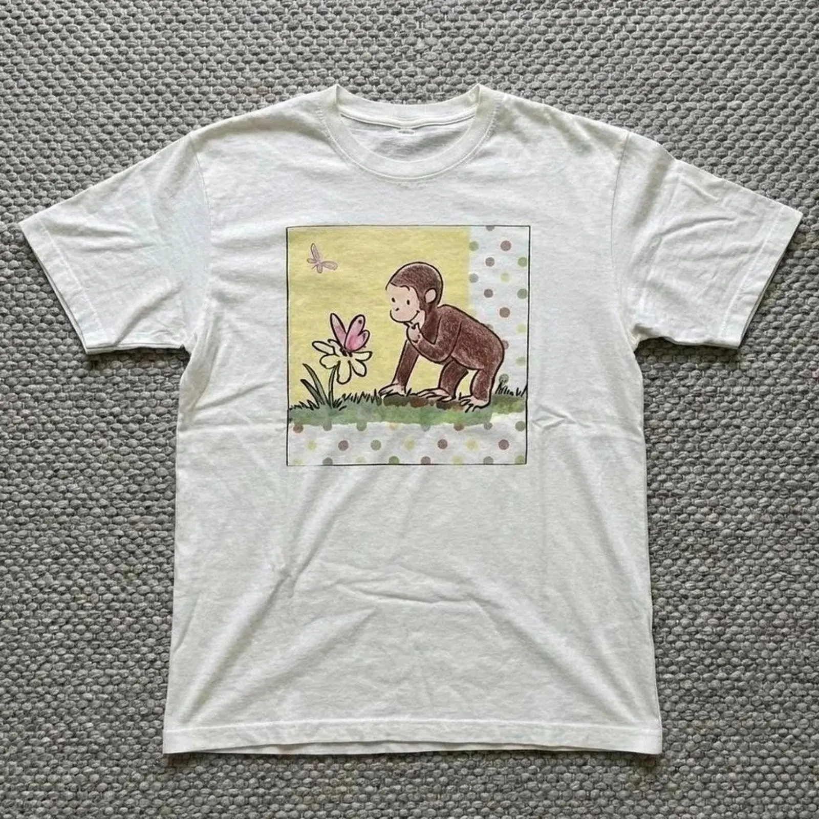 100% Cotton Unisex Round Neck Sports Top - Cute Tops with Curious George Monkey, Flower, Butterfly Square Cartoon Graphic, Loose Casual, Soft Breathable Non-Washed Fabric for Kids' Daily Trips Summer Gift