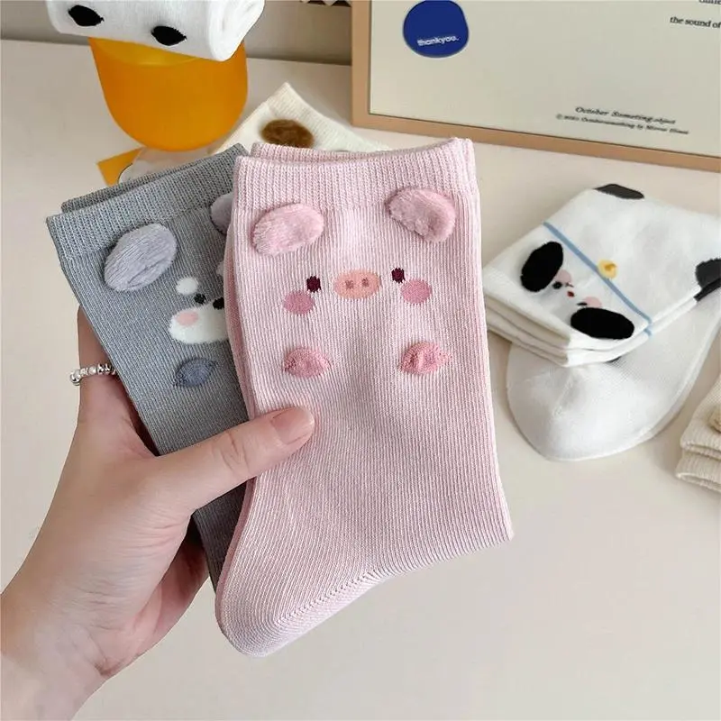 Cartoon Bear Ear Socks Spring Autumn Sweet Pink Ears 3D Pig Dog Bear Breathable  Middle Tube Sock Soft Comfortable Japanese Sock