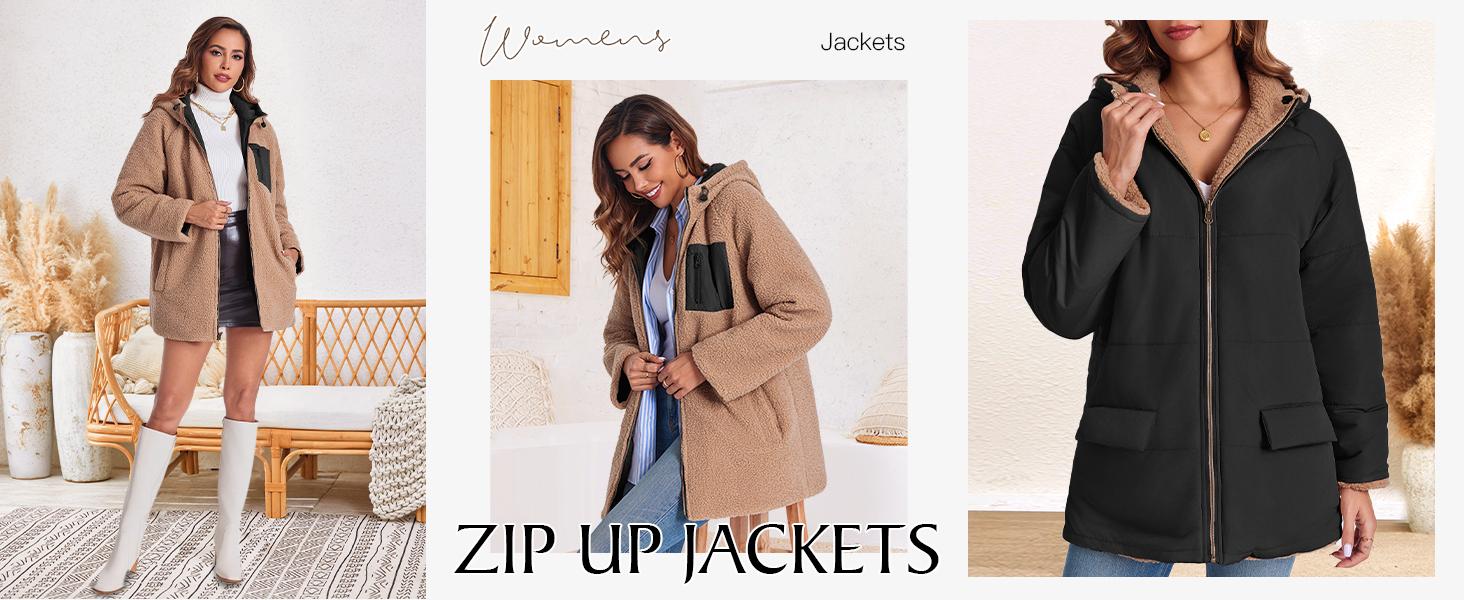 FMEYOA Womens Reversible Puffer Jackets Sherpa Lined Fleece Winter Coats Casual Zip Up Hooded Warm Outerwear