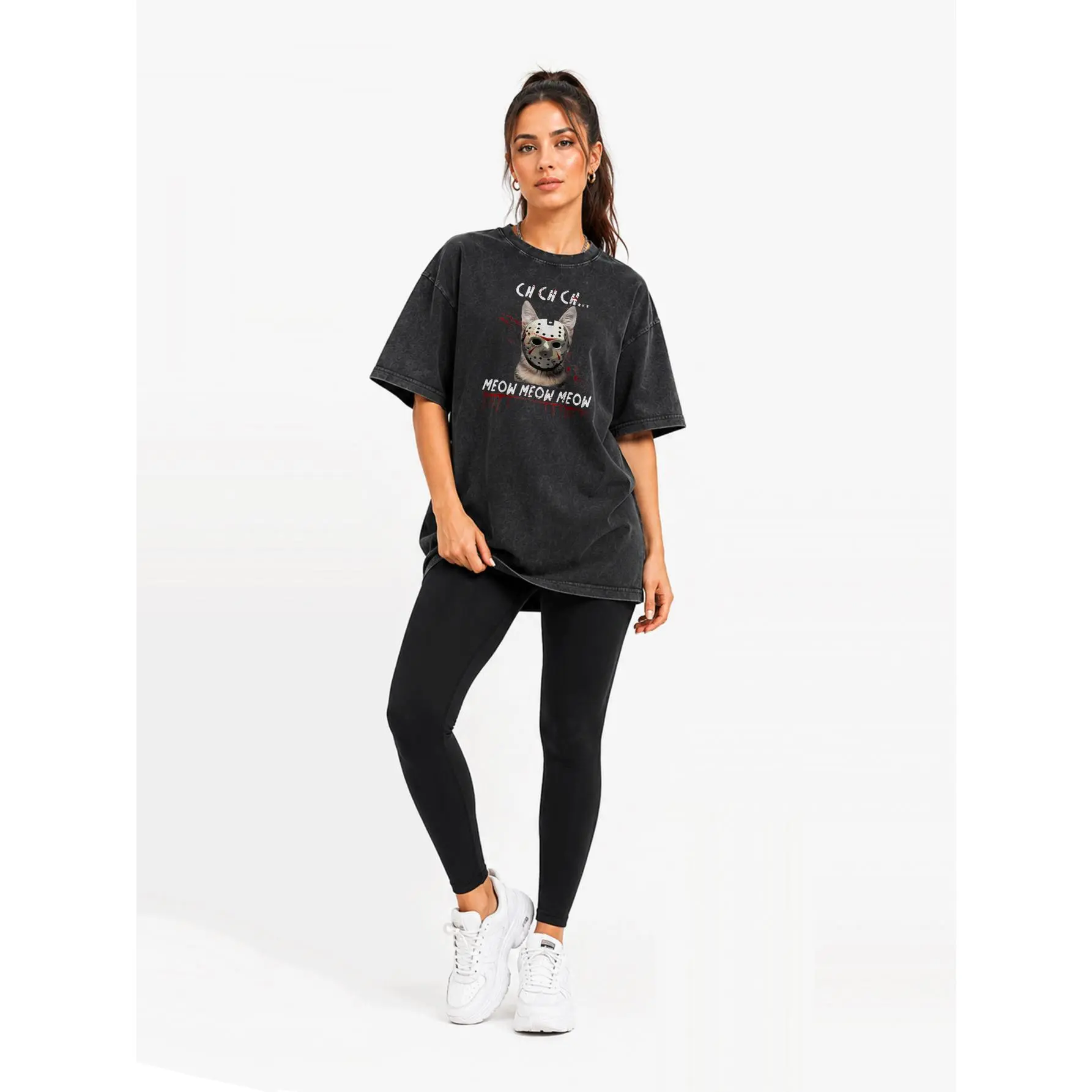 Meow Meow Meow Cat Graphic, Vintage Acid Wash Tee, Casual Streetwear For Women, Soft Cotton Blend