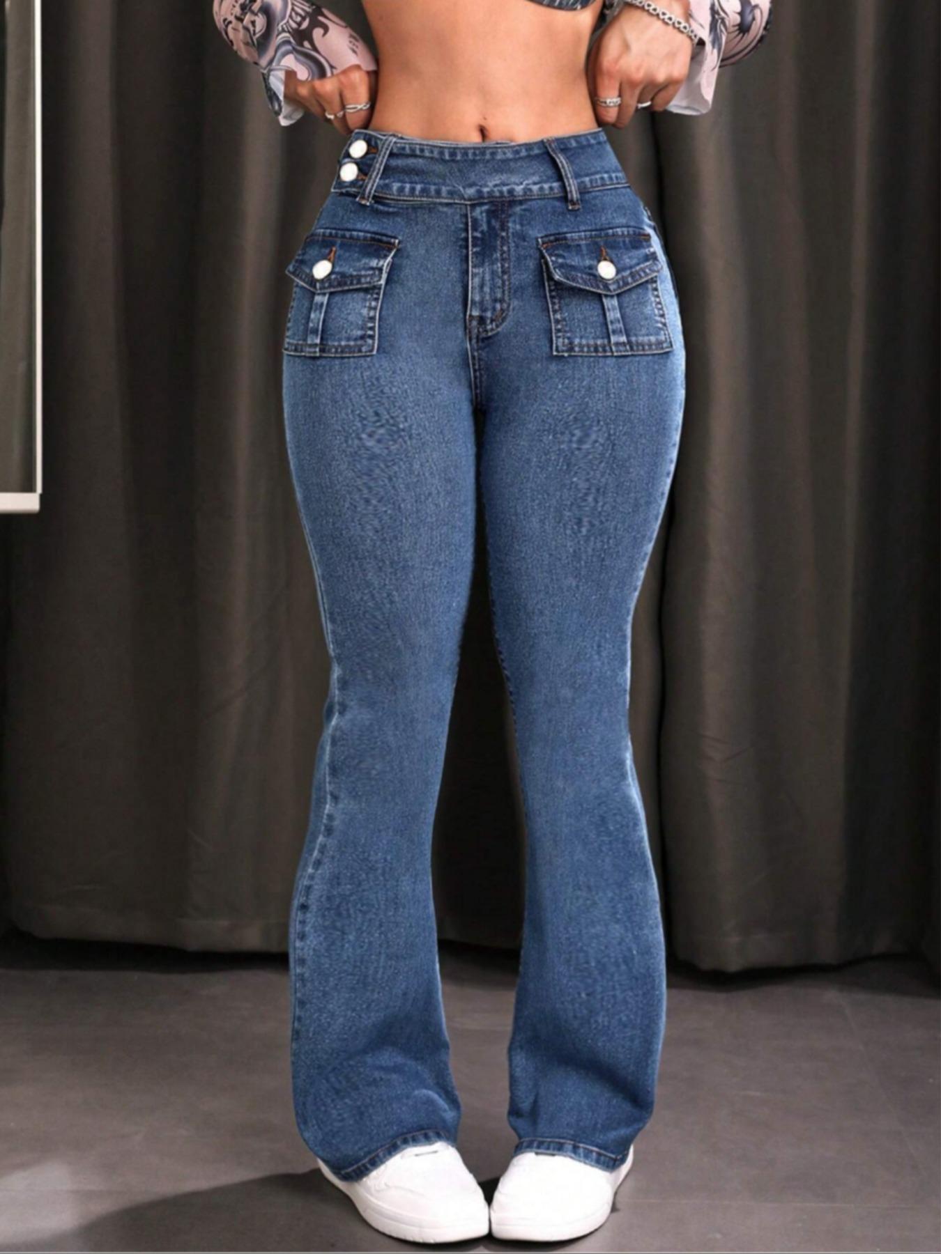 Women's Pocket Leg Stretchy Jeans, Flared High Waist Casual Comfy Bell Bottom Denim Trousers for Daily Wear, Ladies Bottoms for All Seasons Women's Pocket Leg Stretchy Jeans, Flared High Waist Casual Comfy Bell Bottom Denim Trousers for Daily Wear, Ladies Bottoms for All Seasons