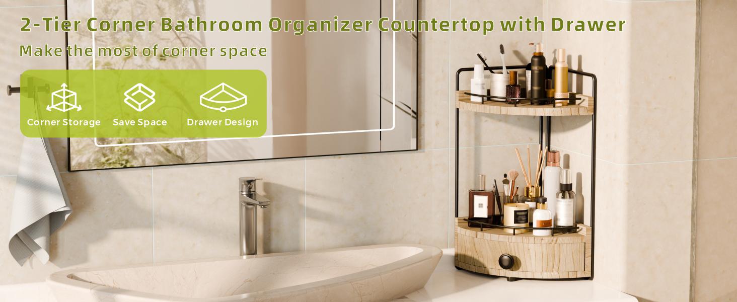2-Tier Corner Countertop Organizer with Drawer, Wooden Organizers for ...