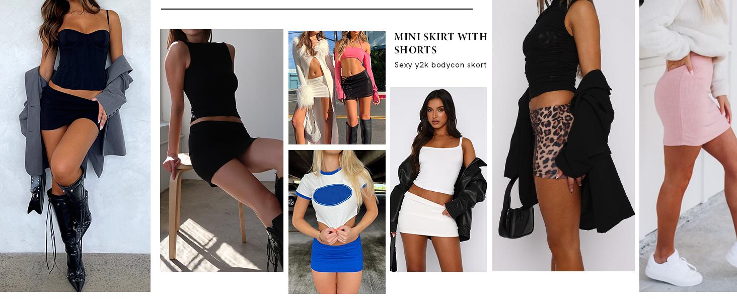 LOMON Y2k Mini Skirts for Women with Shorts Underneath Bodycon Skorts Sexy Club Date Night Micro Pencil Skirt Streetwear Black Basic Outfit - Womenswear