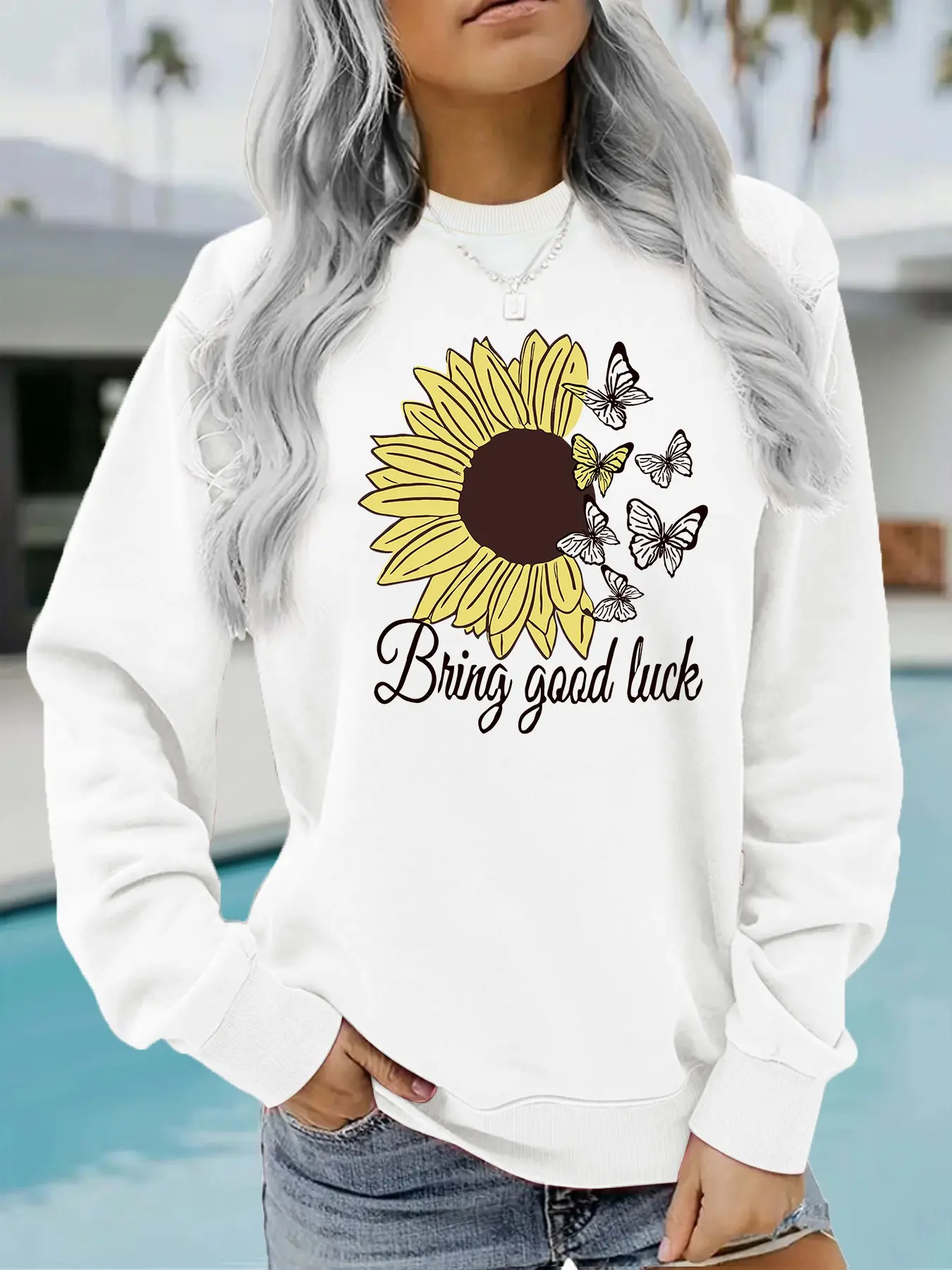 Women's Casual Fleece Sweatshirt, Lucky Sunflower and Butterfly Print, Round Neck, Long Sleeve, Fall & Winter, Comfortable and Stylish