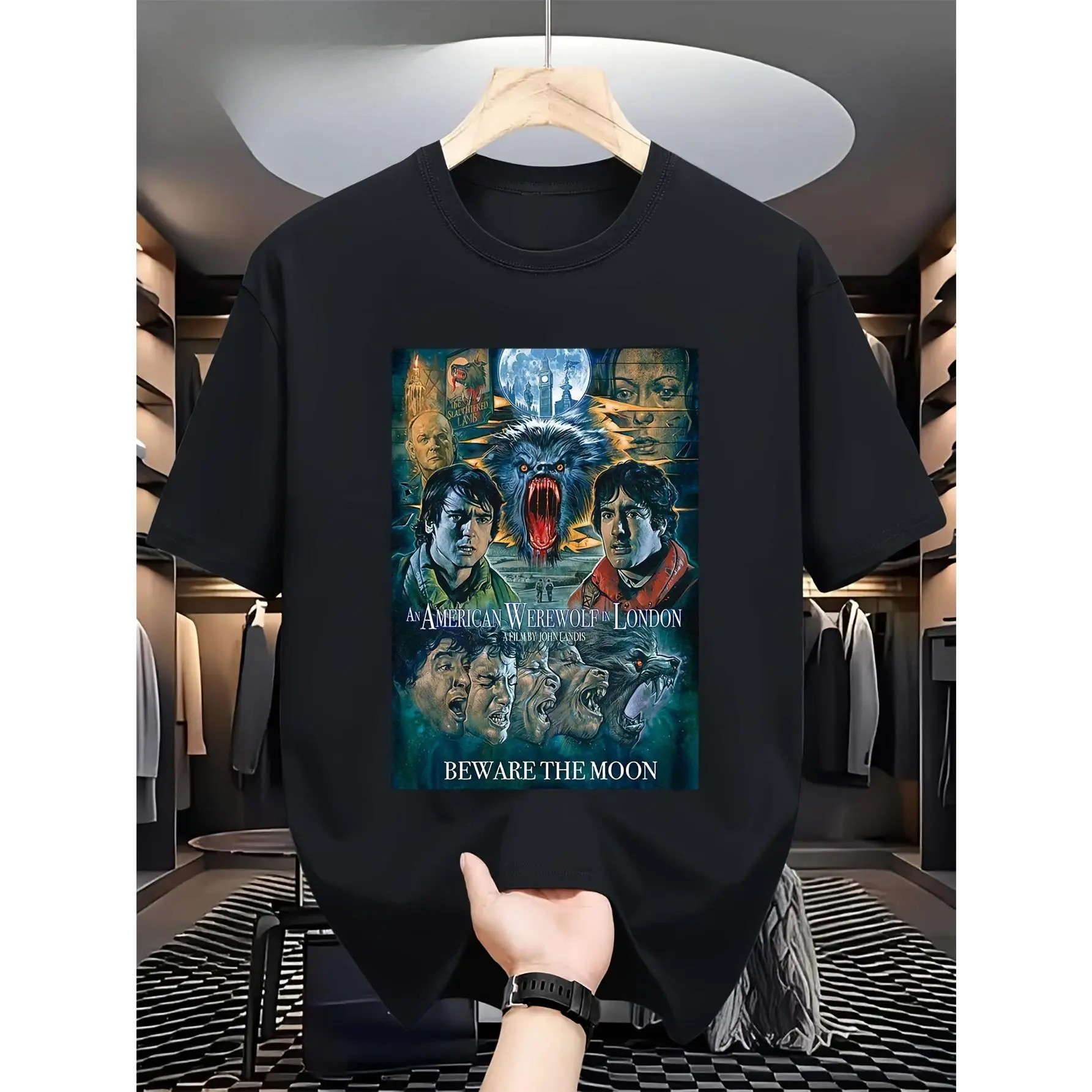 1pc American Werewolf in London Pattern T-Shirt, Unisex - Pure Cotton Solid Color Crew Neck Short Sleeve T-Shirt Featuring a Full Moon and London Skyline Print, Horror Movie Inspired Casual Shirt for Werewolf Enthusiasts
