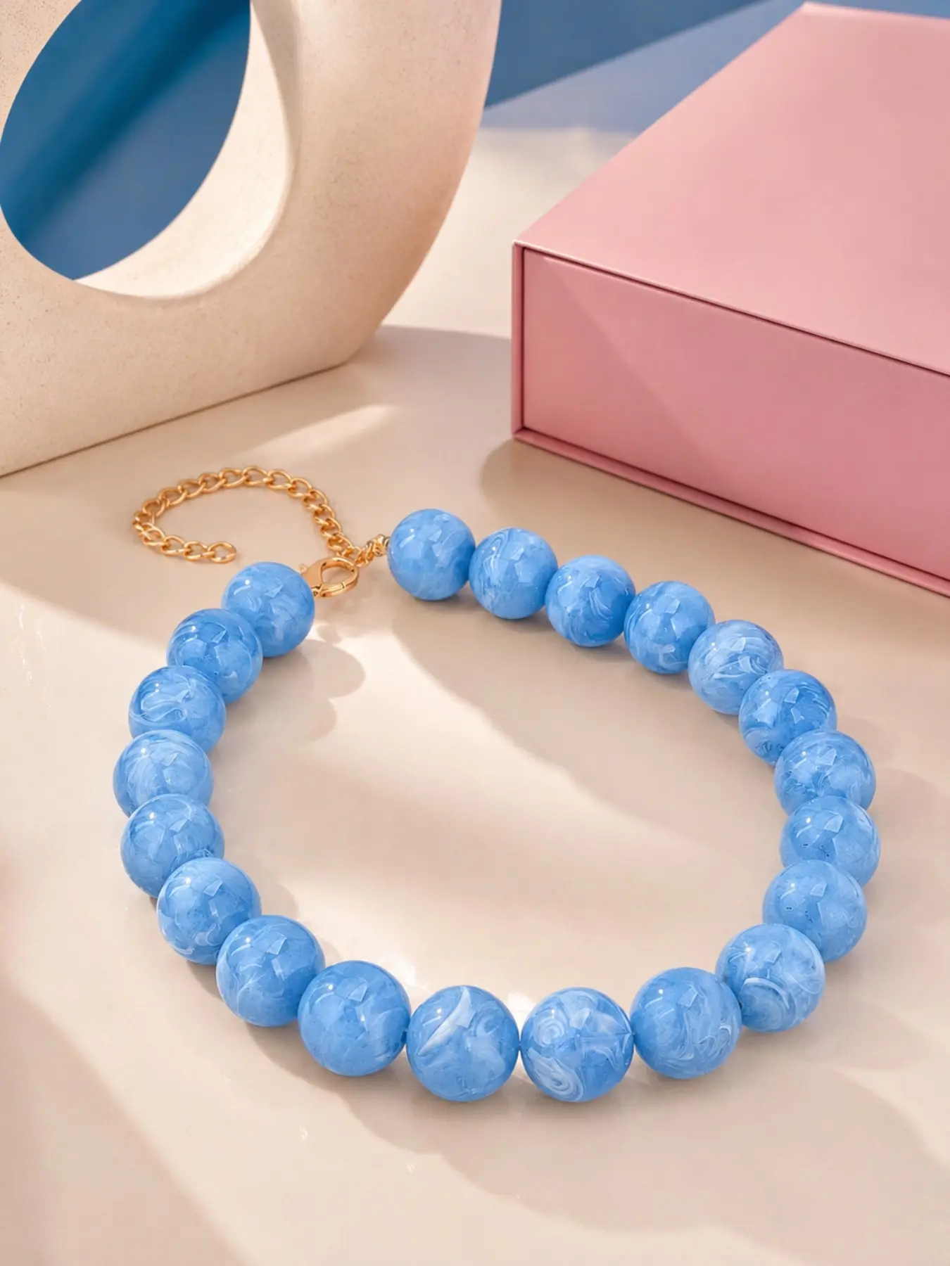 Blue Bubble Necklace for Women, Chunky Round Bead Necklace with Marbled Swirl Effect and Gold Tone Lobster Clasp, Maximalist Statement Jewelry, Gift Box Included, Wedding Season Bridesmaid Gift