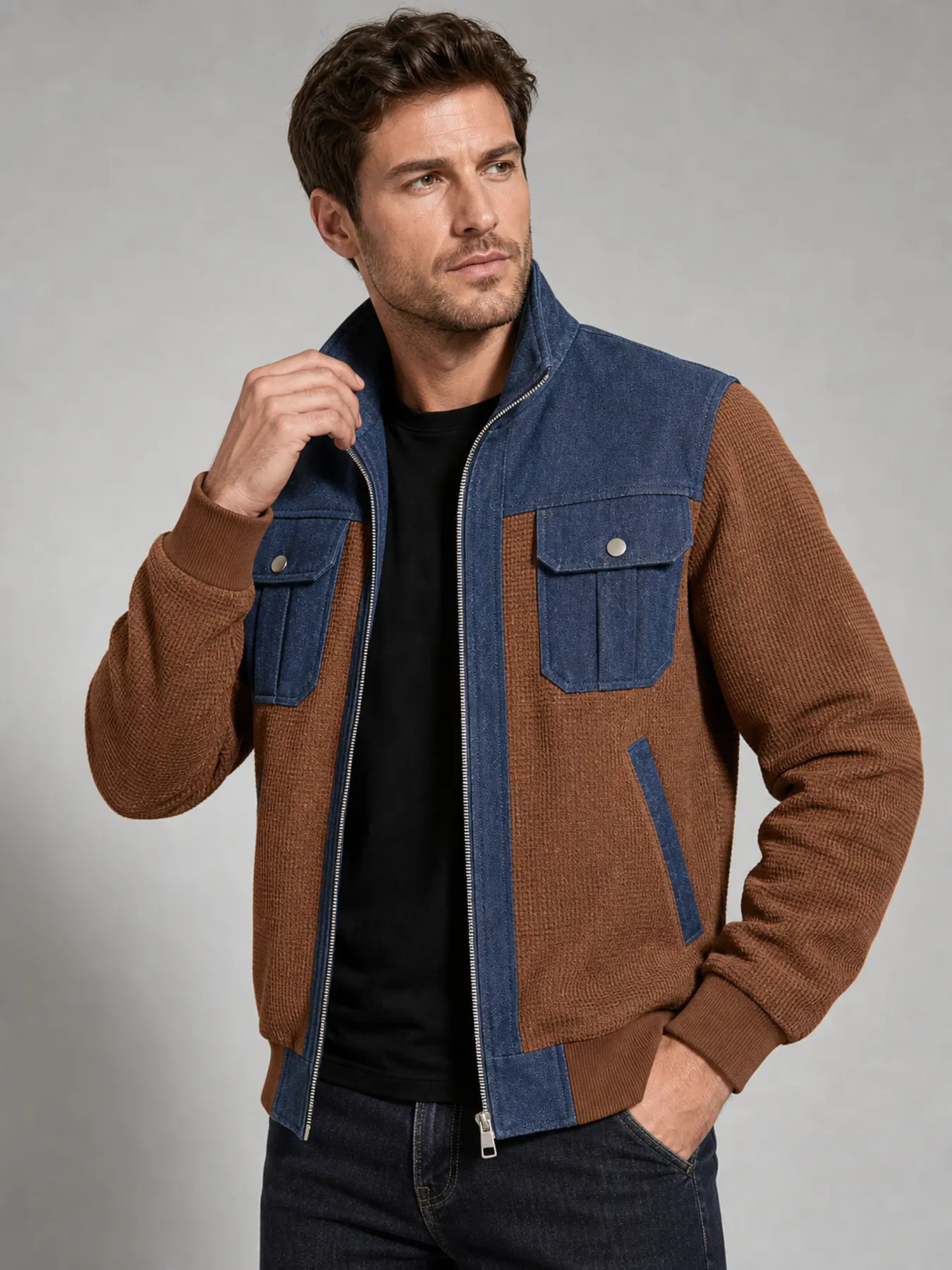 1 PC Men's Fashion Jumper Jacket with Denim Patchwork and Waffle Pattern, Loose-Fitting and Casual Men's Multi-Functional Jacket with Collar, Sporty Autumn Style, Soft and Breathable, Suitable for Daily Wear and Party Events