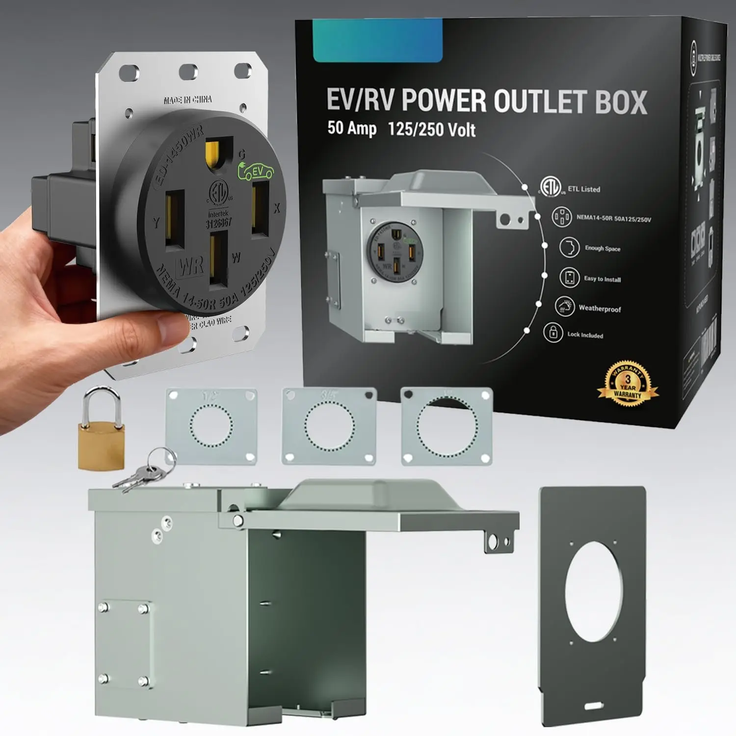 50 Amp EV  Receptacle/Nema 14-50 EV Outlet with  Box Kit: Weather Resistant Straight , U-Shaped Brass Clamp -Industrial Grade, 3-Pole 4-Wire Grounding,125/250V,ETL Listed