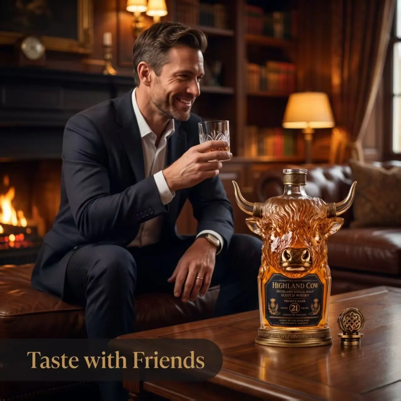 21yo Highland Single Malt Whisky, Highland Cow Crystal Decanter, Limited Collectible Bottle, Premium Scotch Whiskey Gift